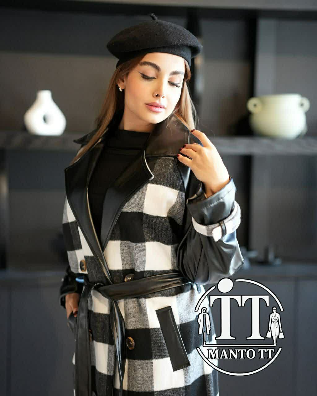 پالتو فوتر موهر ترکیبی چهارخانه با چرم